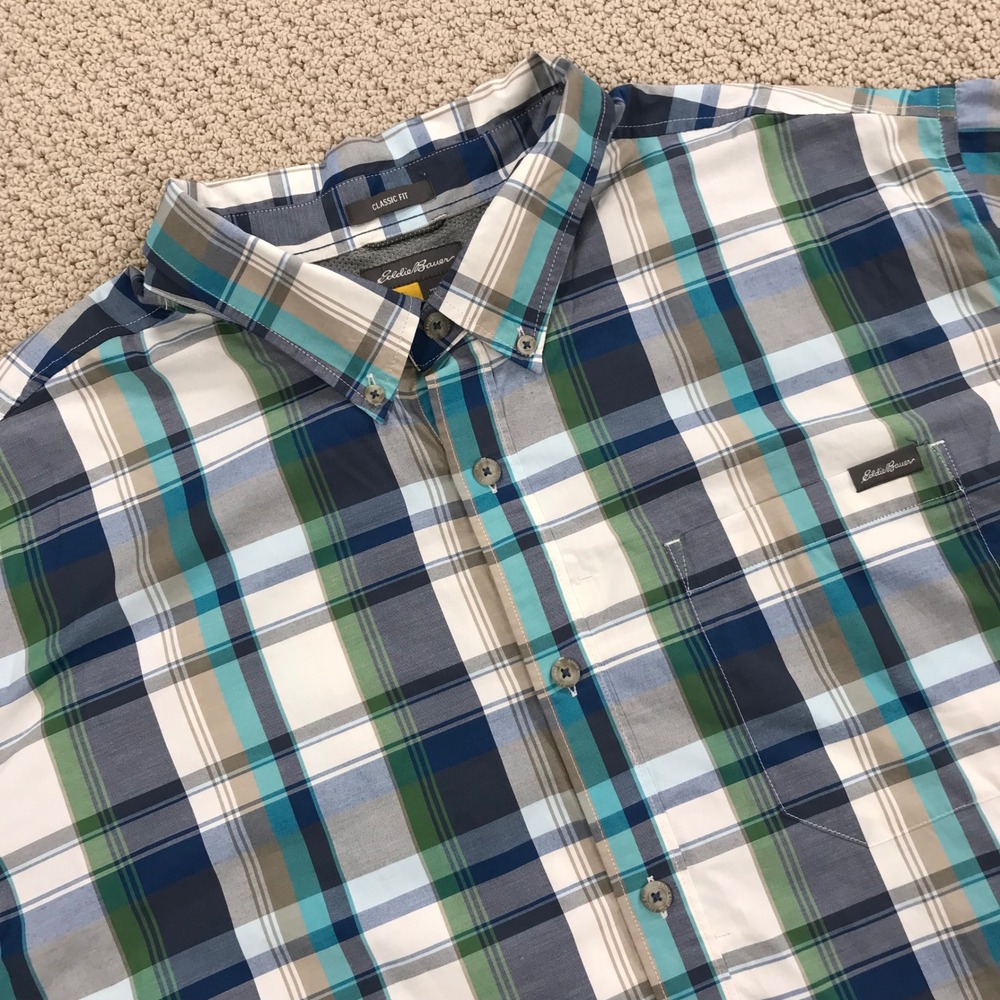 Eddie Bauer Mens 3XL Classic Fit Plaid Short Sleeve Button Down Shirt Blue Green